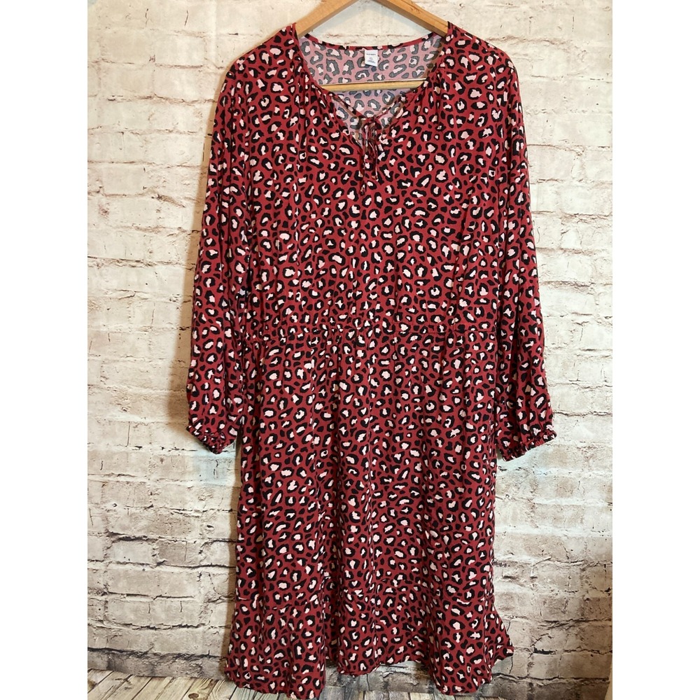 Old Navy Dress‎ Womens XL Tall Red Cheetah Leopard Ruffle Hem Flowy Tie Neck
